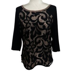 Anthropologie Dolan Black Lace Stretch Knit Top Nude Lining Size S